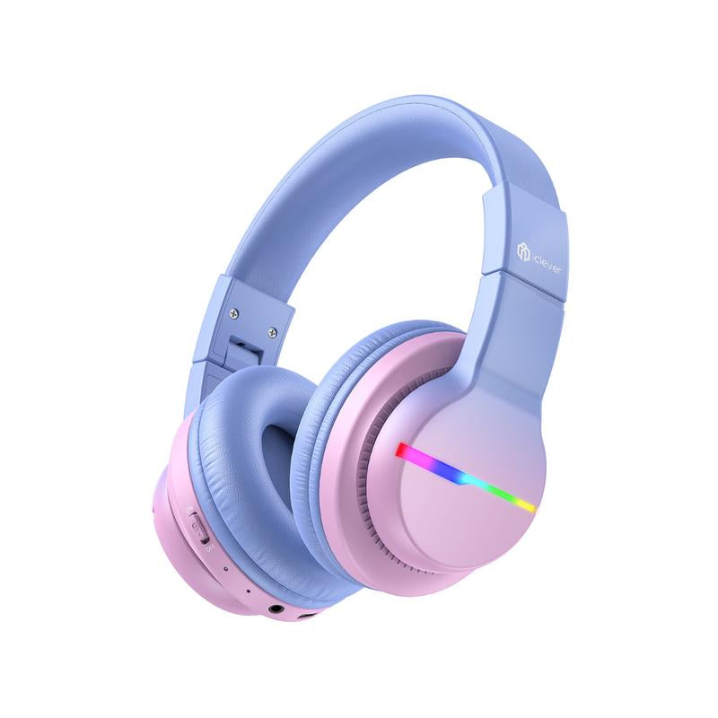 Iclever Kids BTH12 Bluetooth Headphones with 4 Colorful LED Lights Modes Volume Limited 55H Playtime Built-In Mic for Ipad Tablet Audio Headset