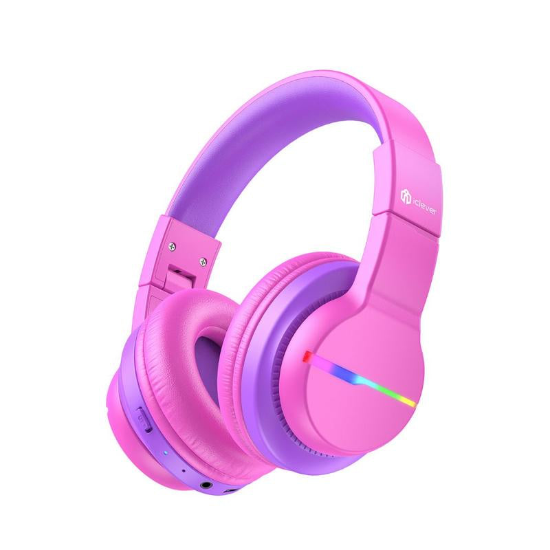 Iclever Kids BTH12 Bluetooth Headphones with 4 Colorful LED Lights Modes Volume Limited 55H Playtime Built-In Mic for Ipad Tablet Audio Headset
