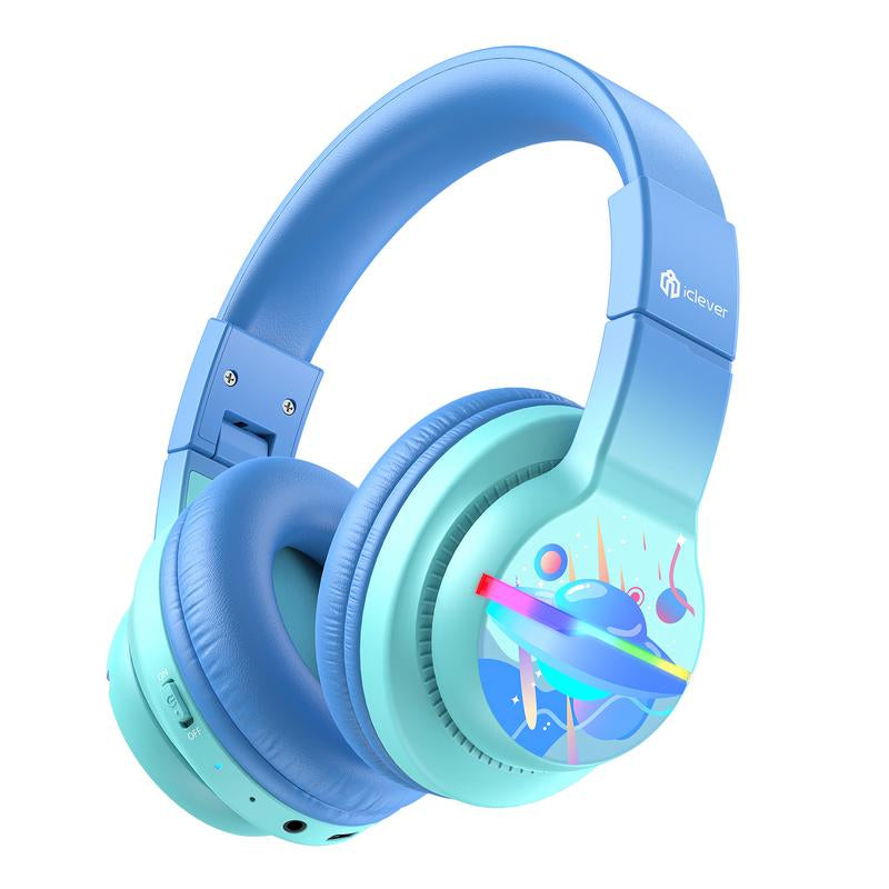 Iclever Kids BTH12 Bluetooth Headphones with 4 Colorful LED Lights Modes Volume Limited 55H Playtime Built-In Mic for Ipad Tablet Audio Headset