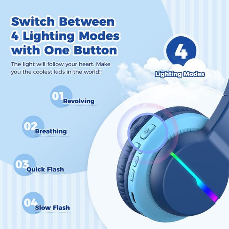 Iclever Kids BTH12 Bluetooth Headphones with 4 Colorful LED Lights Modes Volume Limited 55H Playtime Built-In Mic for Ipad Tablet Audio Headset