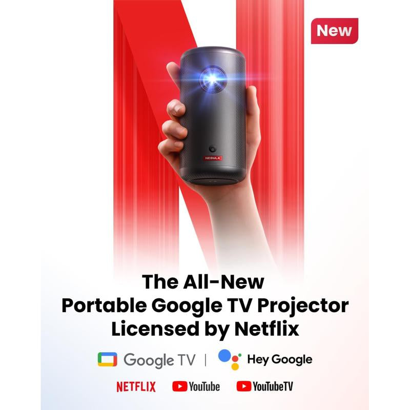 NEBULA Capsule 3 GTV Projector, Netflix Officially Licensed, 1080P, Wi-Fi, 2.5 Hours Playtime, 120-Inch Display, Ultra Portable for Any Space Springtok