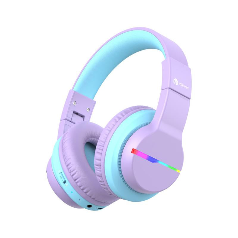 Iclever Kids BTH12 Bluetooth Headphones with 4 Colorful LED Lights Modes Volume Limited 55H Playtime Built-In Mic for Ipad Tablet Audio Headset