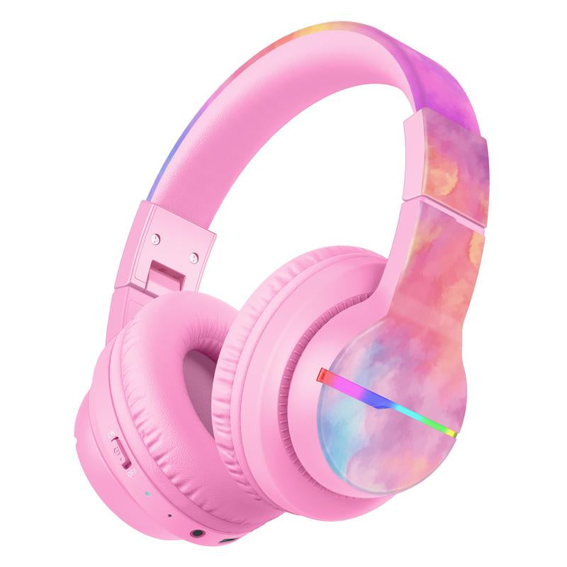 Iclever Kids BTH12 Bluetooth Headphones with 4 Colorful LED Lights Modes Volume Limited 55H Playtime Built-In Mic for Ipad Tablet Audio Headset