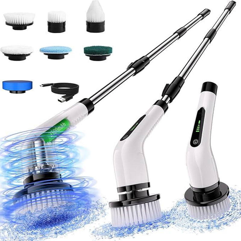 Electric Spin Scrubber, Cordless Cleaning Brush, Shower Scrubber with 7 Replaceable Brush Head, with Extension Handle, 2 Adjustable Speed