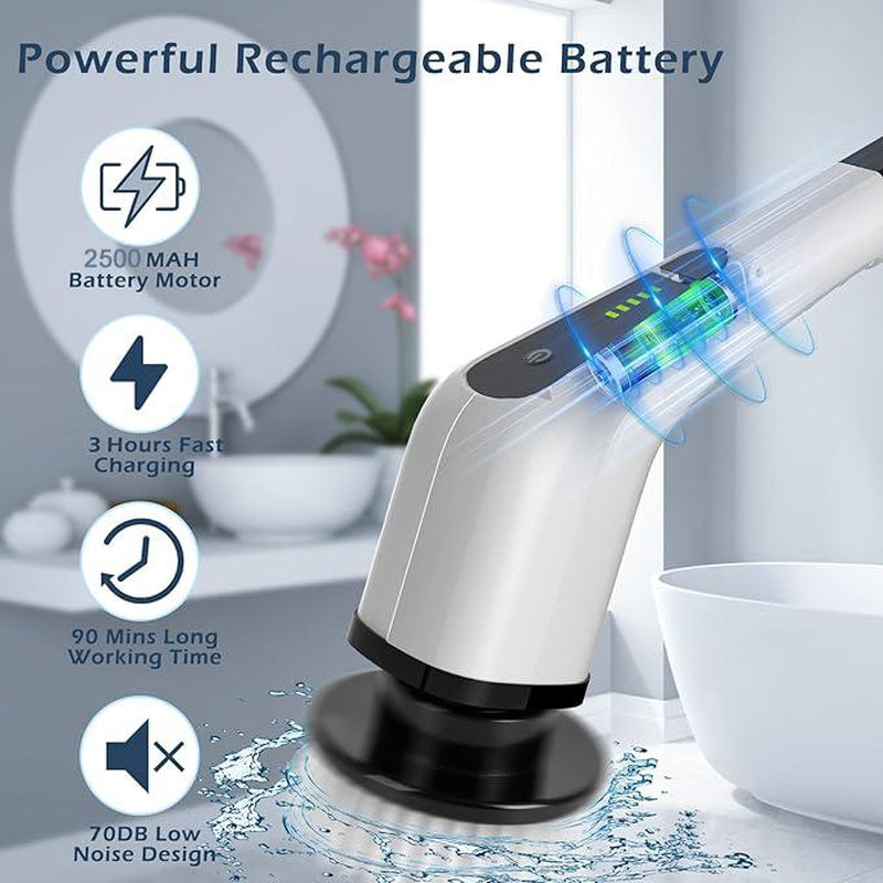 Electric Spin Scrubber, Cordless Cleaning Brush, Shower Scrubber with 7 Replaceable Brush Head, with Extension Handle, 2 Adjustable Speed