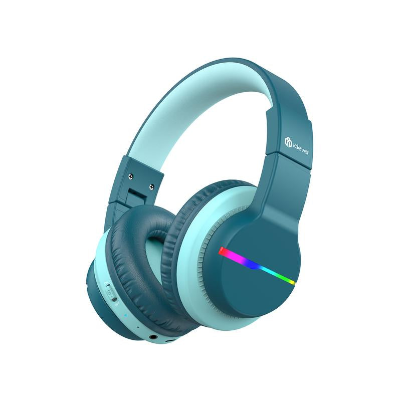 Iclever Kids BTH12 Bluetooth Headphones with 4 Colorful LED Lights Modes Volume Limited 55H Playtime Built-In Mic for Ipad Tablet Audio Headset