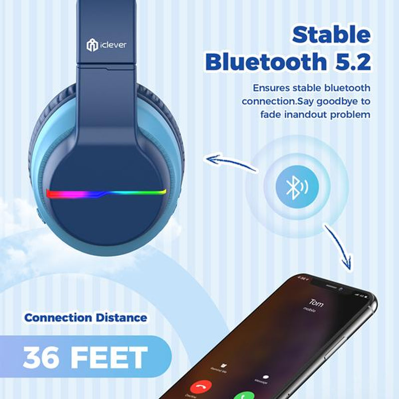 Iclever Kids BTH12 Bluetooth Headphones with 4 Colorful LED Lights Modes Volume Limited 55H Playtime Built-In Mic for Ipad Tablet Audio Headset
