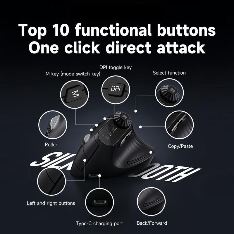 Monster-M2 MAX Version Bluetooth Wireless Mouse Ergonomic Vertical Vertical Mouse 2.4G Bluetooth Long Battery Life Laptop Desktop Computer Knob Function
