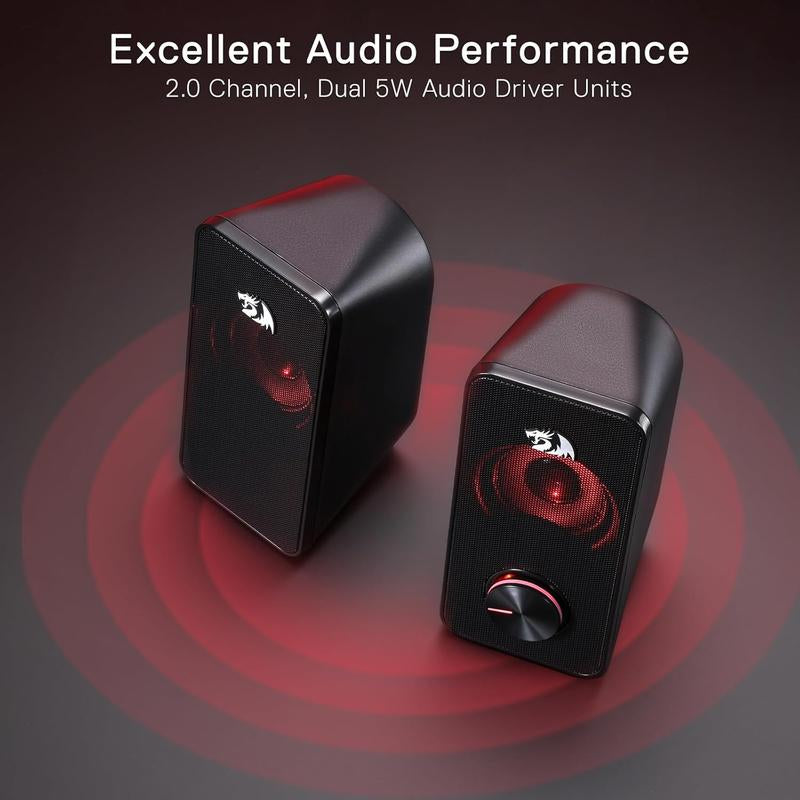 Redragon GS500 Stentor PC Gaming Speaker, 2.0 Channel Stereo Desktop Computer Speaker with Red Backlight, Quality Bass and Crystal Clear Sound, USB Powered with a 3.5Mm Connector