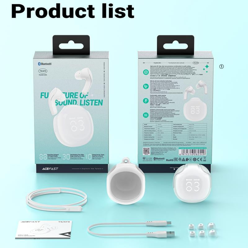 ACEFAST T9 Bluetooth Earphones True Wireless Earbuds 5.3 Headphones with ENC Noise Canceling Earbuds 30H Playback LED Power Display Built in Mic Headphones with IPX4 Waterproof for Sports Black